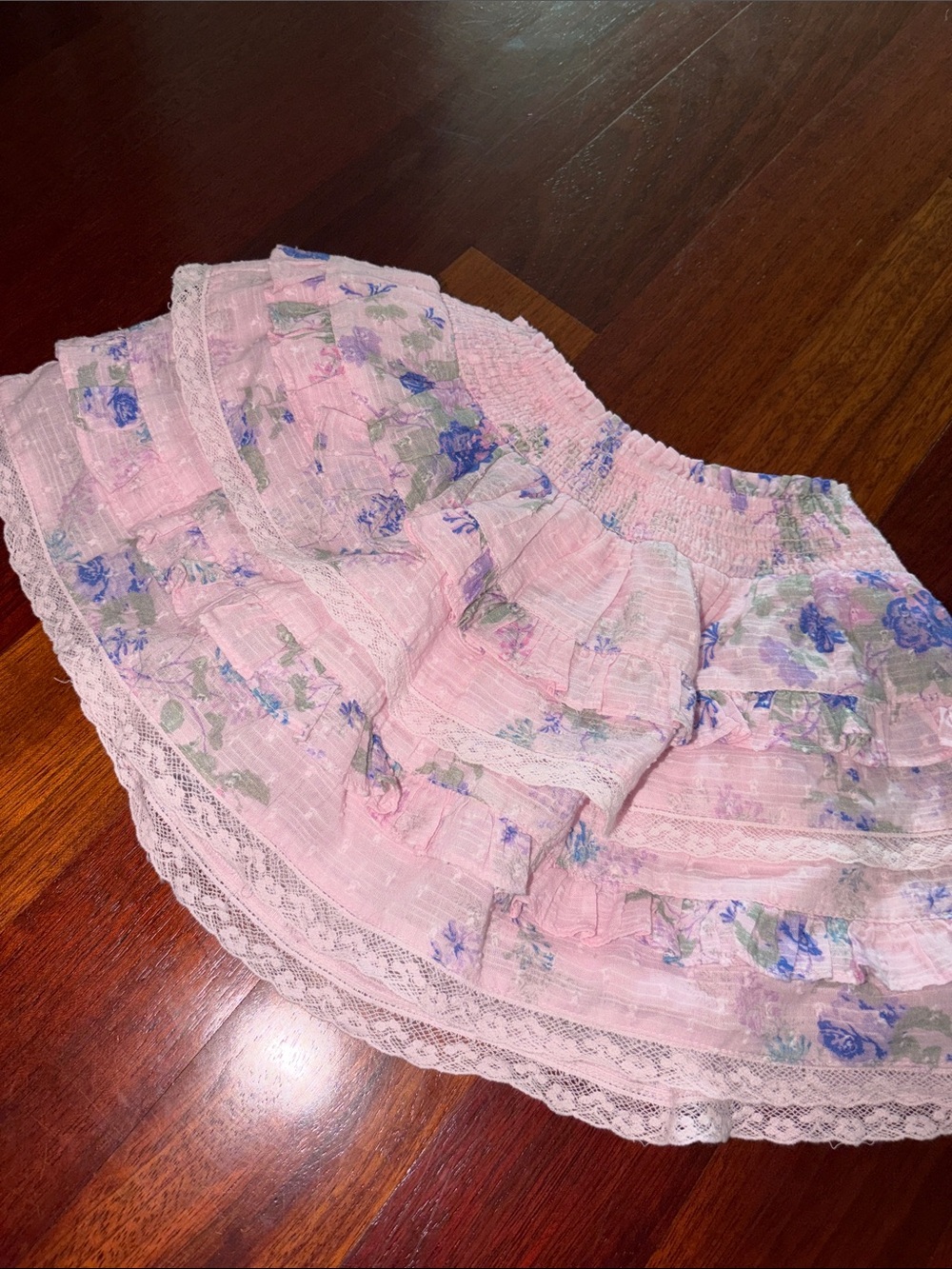 LoveShackFancy Pink Floral Ruffled Skirt with Lace